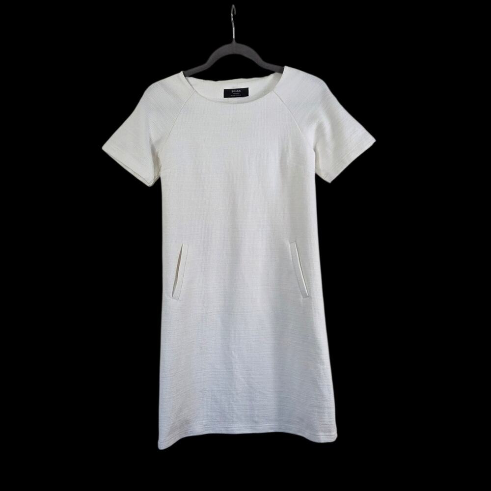 BRASS Ivory Textured Knit Short Sleeve Workwear Mini Dress Pockets, Size XS